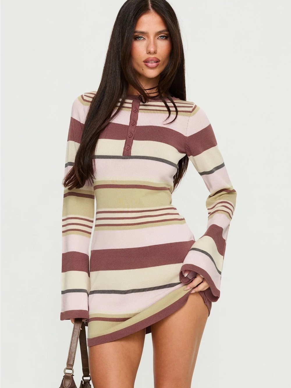 Princess Polly Striped Henley Long Sleeve Mini Dress - Pink & Brown & Cream